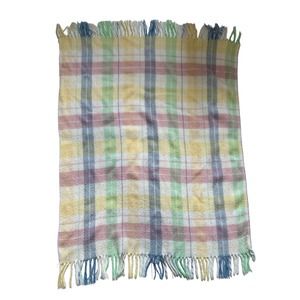 WPL 1675 Acrylic Plaid Pastel Pink Yellow Blue Fringe Baby Blanket Vtg USA Made